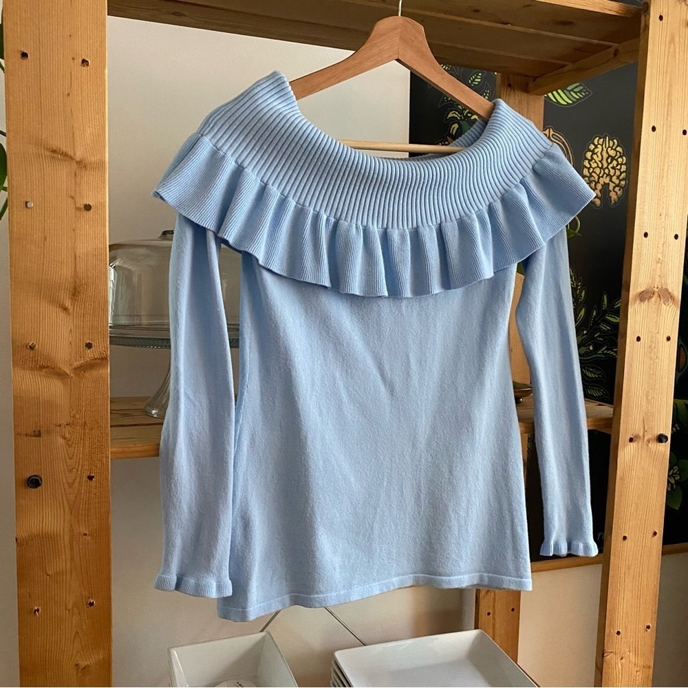 Lilly Pulitzer Off the Shoulder Ruffle Siesta Sweater Crew Periwinkle Blue Small - Picture 7 of 14